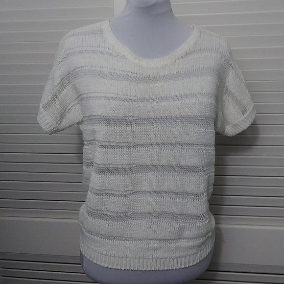 LOFT Crew Neck Short Sleeve Sweater Ivory White Size Medium - Picture 2 of 9